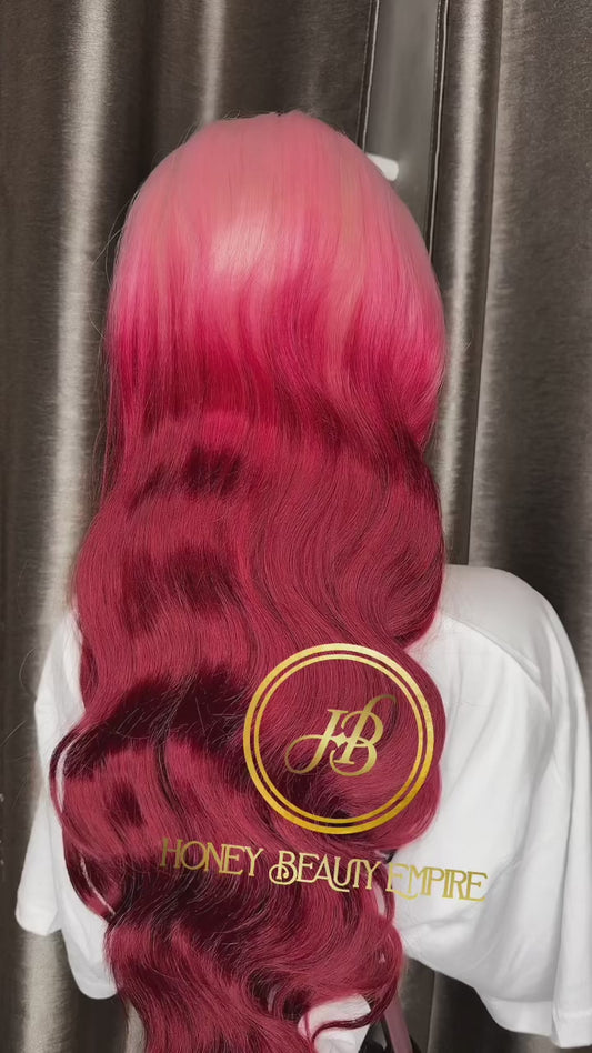 30 inches Bouncy soft blended hair t part frontal wig ,light and deep pink colour