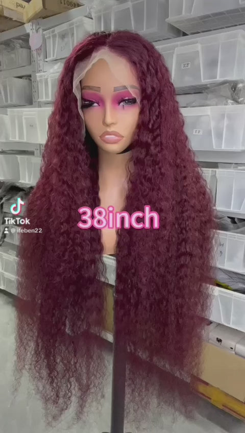 13x4 transparent full frontal lace wig 99J curly 400 gram 
38inch