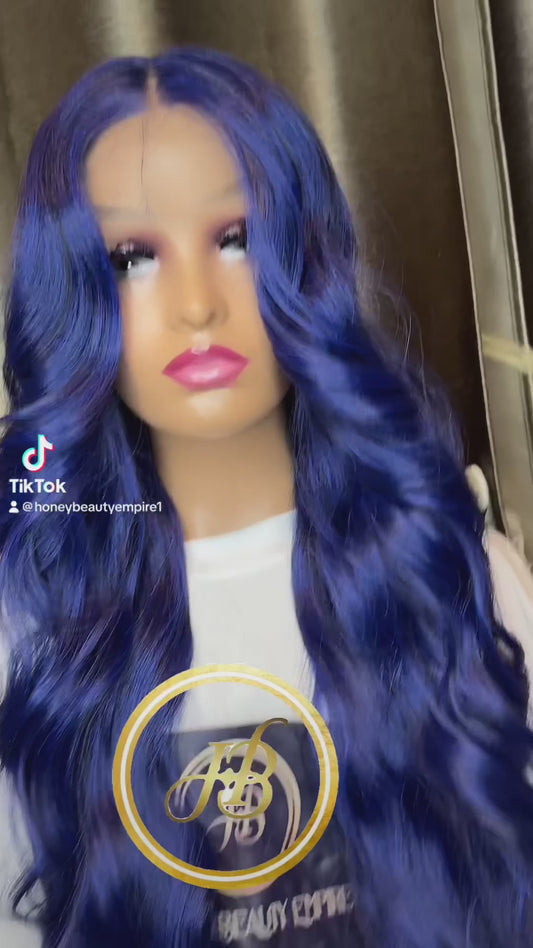 30 inches Bouncy soft blended hair t part frontal wig , dark blue colour